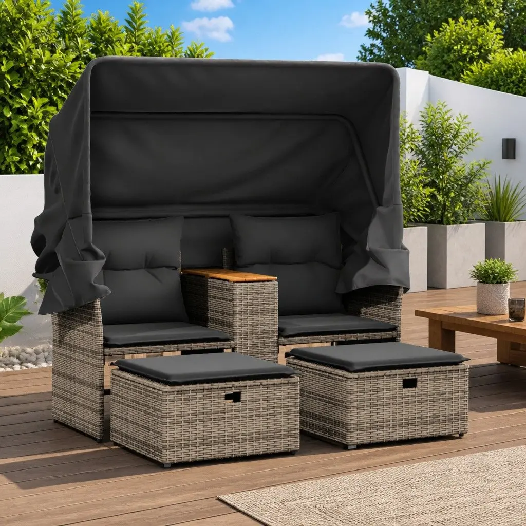 Garden Sofa 2-Seater with Canopy and Stools Grey Outdoor Furniture