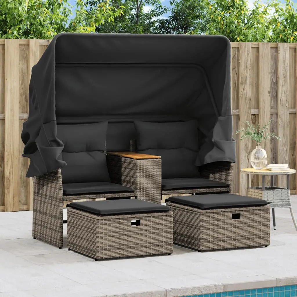 Garden Sofa 2-Seater with Canopy and Stools Grey Outdoor Furniture
