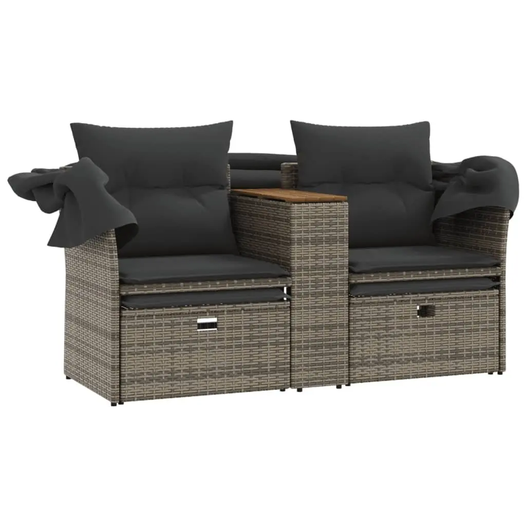 Garden Sofa 2-Seater with Canopy and Stools Grey Outdoor Furniture