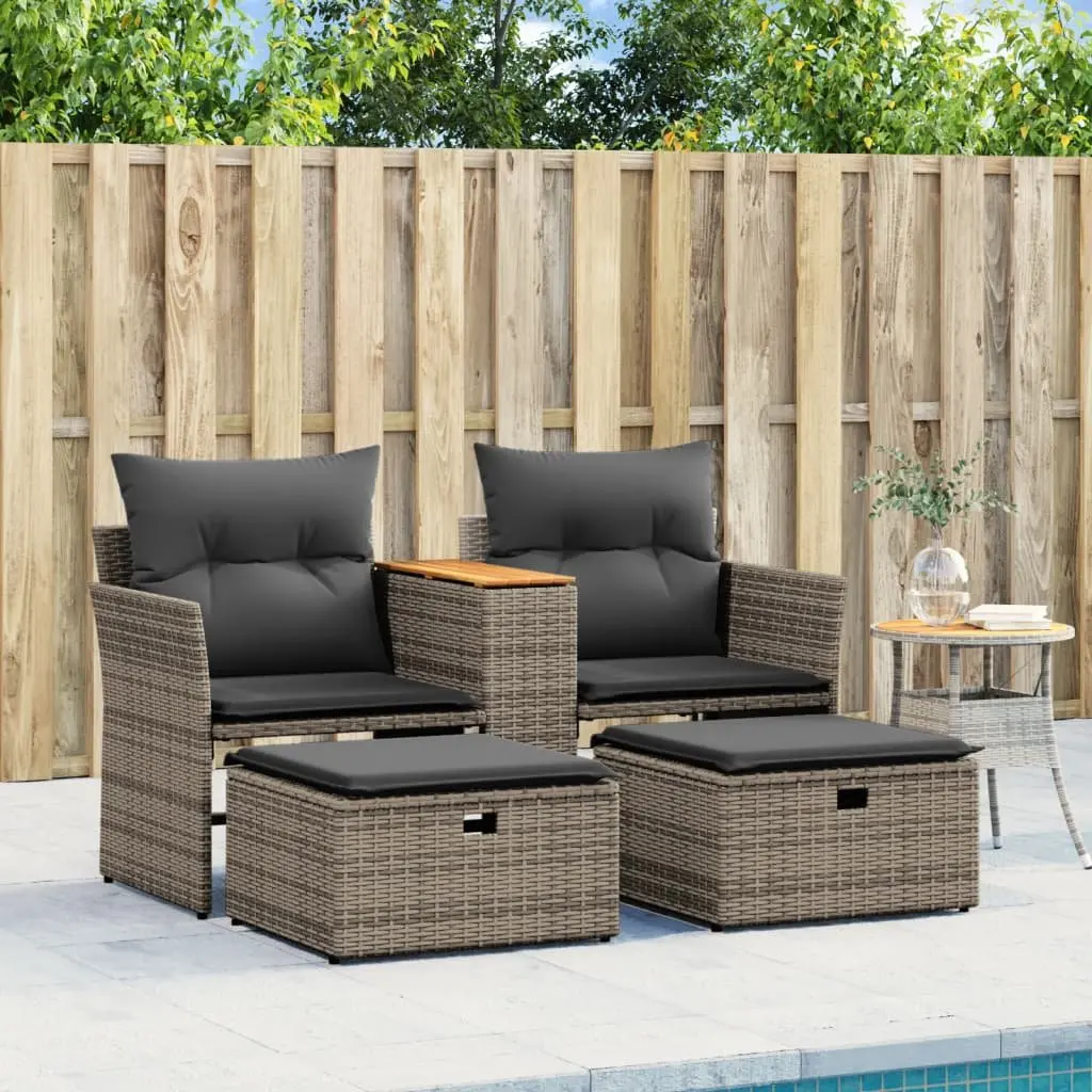 Outdoor Patio Furniture Grey Rattan 2-Seater Sofa with Stools and Central Table for Garden or Terrace Relaxation