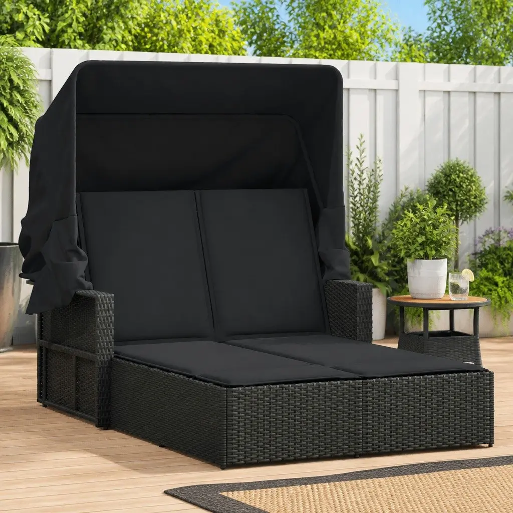 Double Sun Lounger Adjustable Backrest Retractable Canopy Outdoor Seating Black