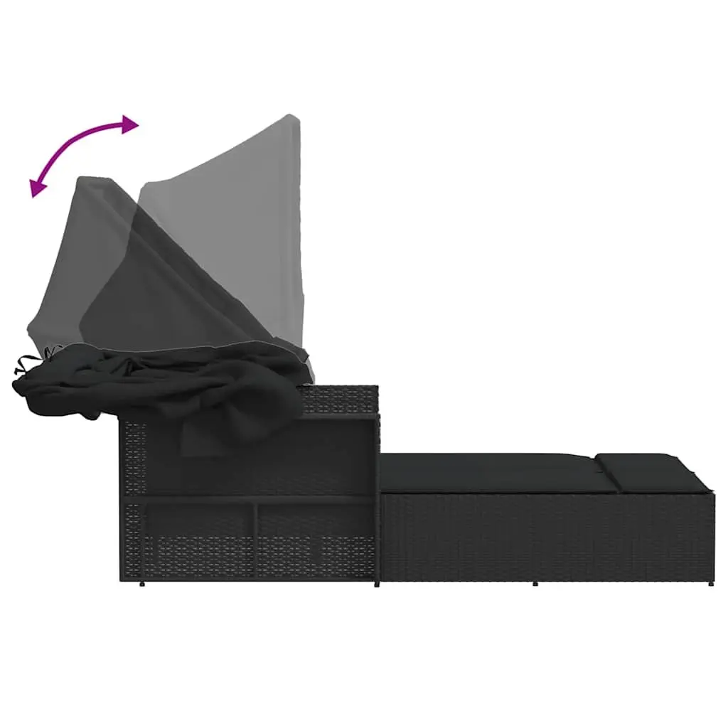 Double Sun Lounger Adjustable Backrest Retractable Canopy Outdoor Seating Black