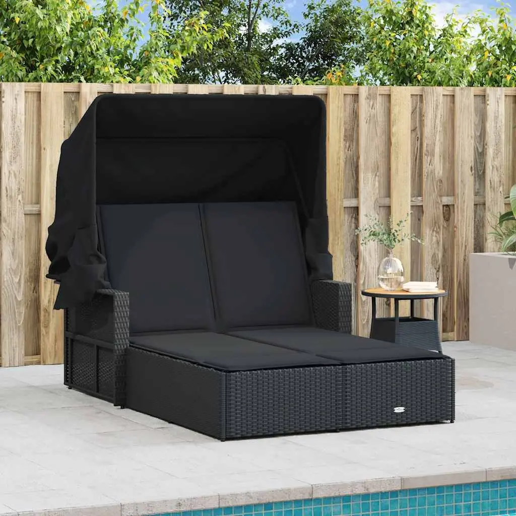 Double Sun Lounger Adjustable Backrest Retractable Canopy Outdoor Seating Black