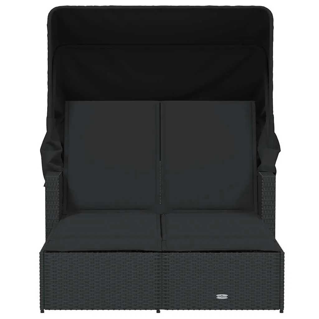 Double Sun Lounger Adjustable Backrest Retractable Canopy Outdoor Seating Black