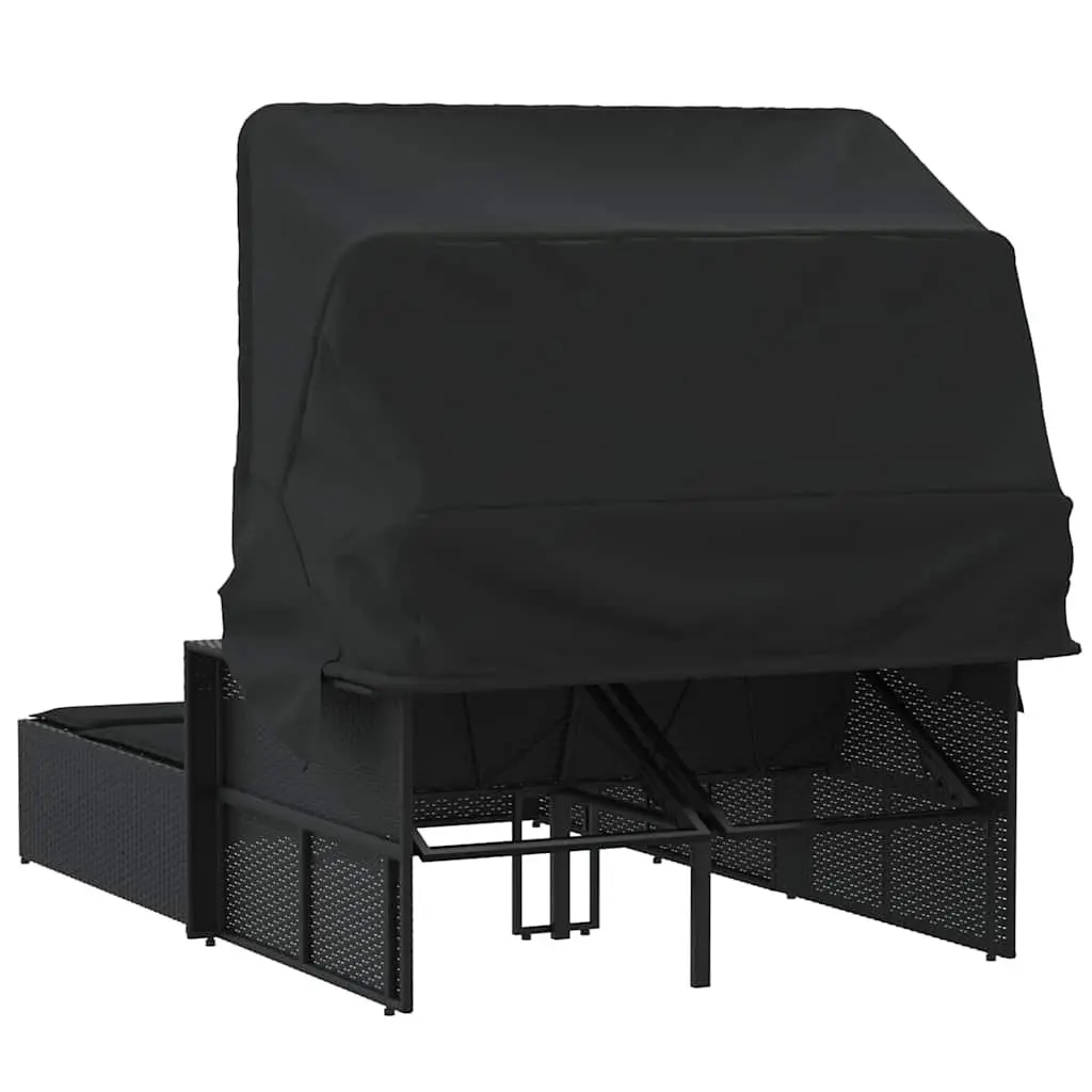 Double Sun Lounger Adjustable Backrest Retractable Canopy Outdoor Seating Black