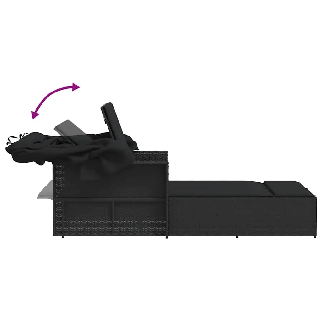 Double Sun Lounger Adjustable Backrest Retractable Canopy Outdoor Seating Black