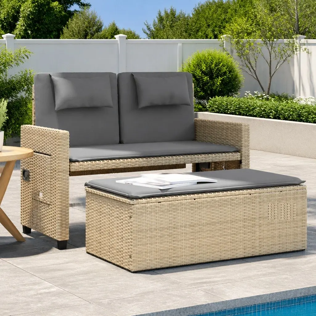 Outdoor Garden Bench Loveseat Sofa Bed Adjustable Backrest Beige