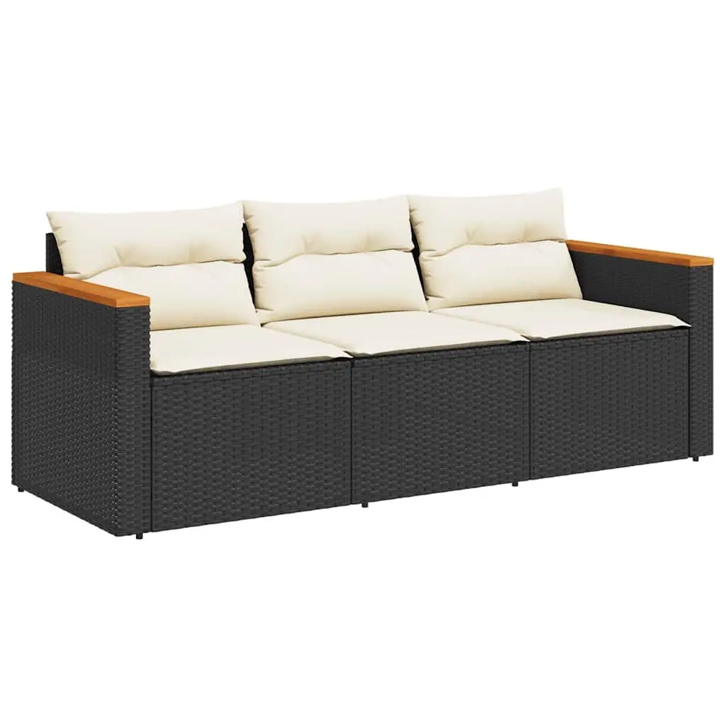 3-Seater Garden Sofa Outdoor Relaxation Black PE Rattan with Cushions