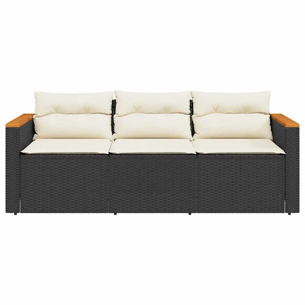 3-Seater Garden Sofa Outdoor Relaxation Black PE Rattan with Cushions