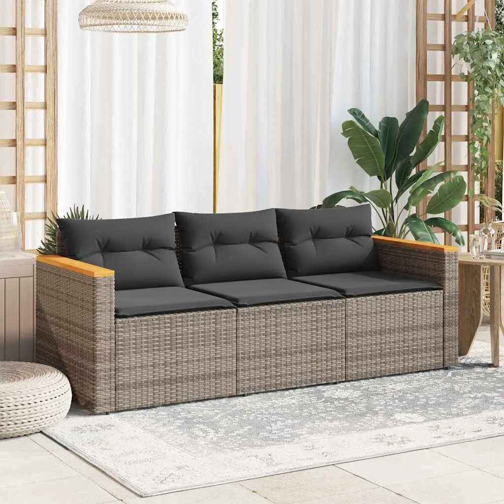 Outdoor Lounge Sofa Grey 3-Seater Poly Rattan with Cushions for Patio Relaxation
