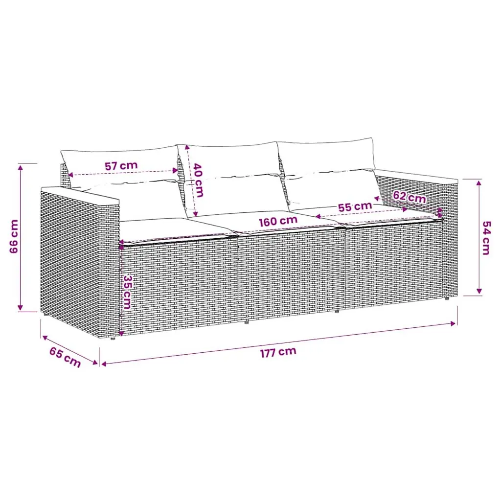 Outdoor Lounge Sofa Grey 3-Seater Poly Rattan with Cushions for Patio Relaxation