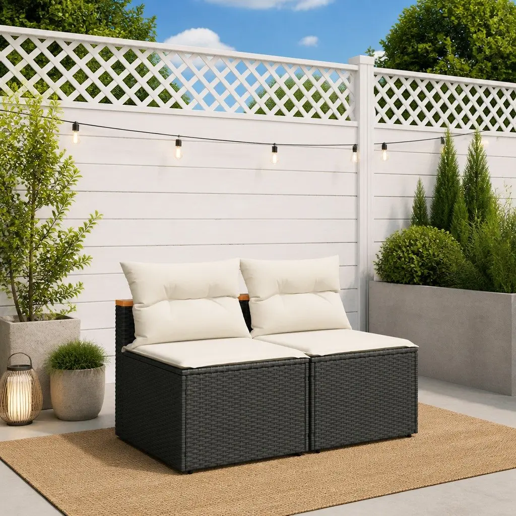 Modular Armless Outdoor Sofas Garden Seating Set 2 Pieces Black Rattan with Cushions