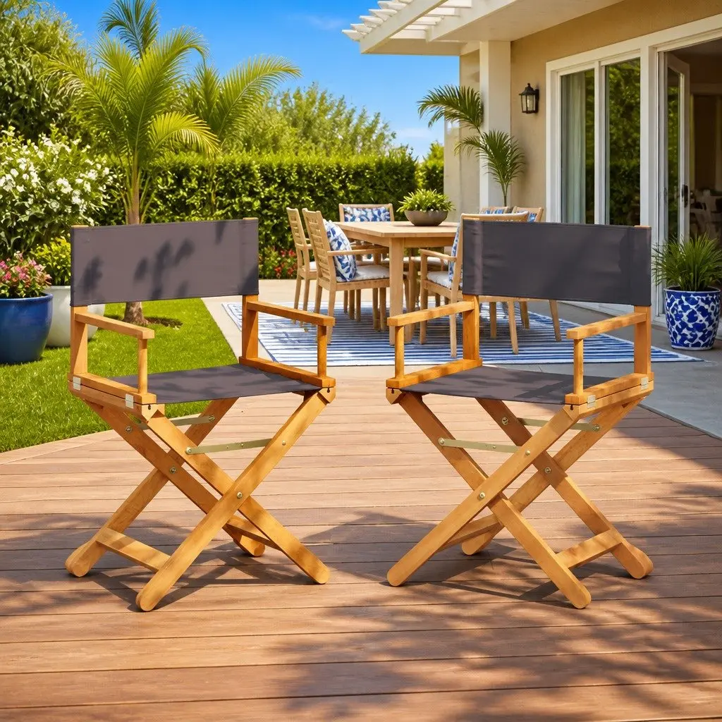 Folding Director Chair Set 2 pcs Outdoor Garden Camping Portable Grey Fabric