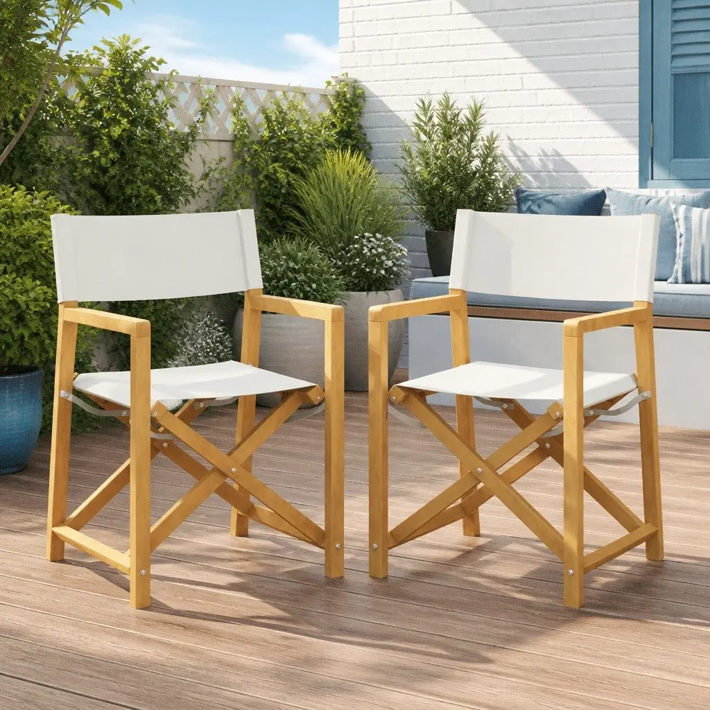 Folding Director Chairs Outdoor Garden Camping 2 Pieces Cream