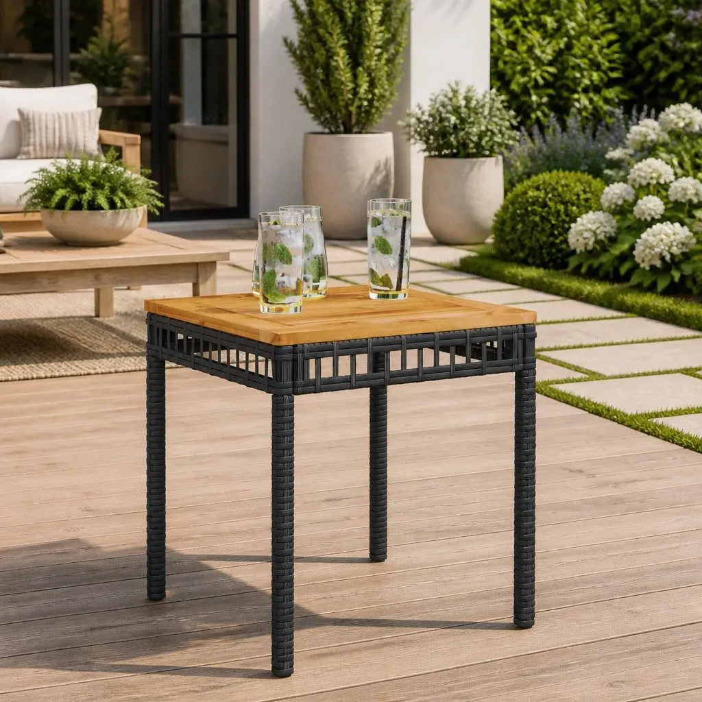 Garden Table Outdoor Patio Furniture 38 x 38 x 42 cm Black Poly Rattan Acacia Wood
