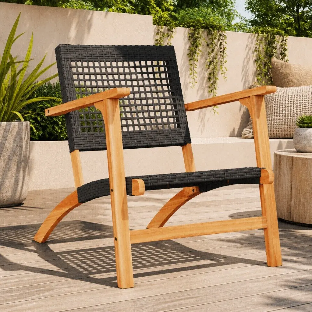 Garden Chairs Outdoor Seating 2pcs Black Poly Rattan with Acacia Wood Arms