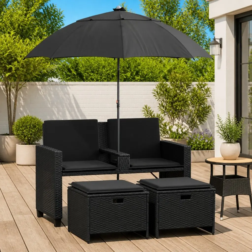 Garden Sofa 2-Seater with Parasol and Stools Black Poly Rattan Outdoor Patio Set