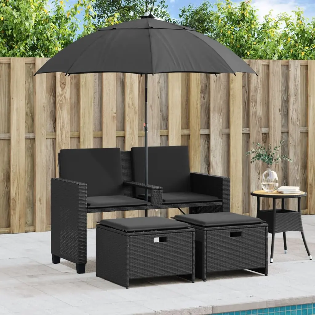 Garden Sofa 2-Seater with Parasol and Stools Black Poly Rattan Outdoor Patio Set