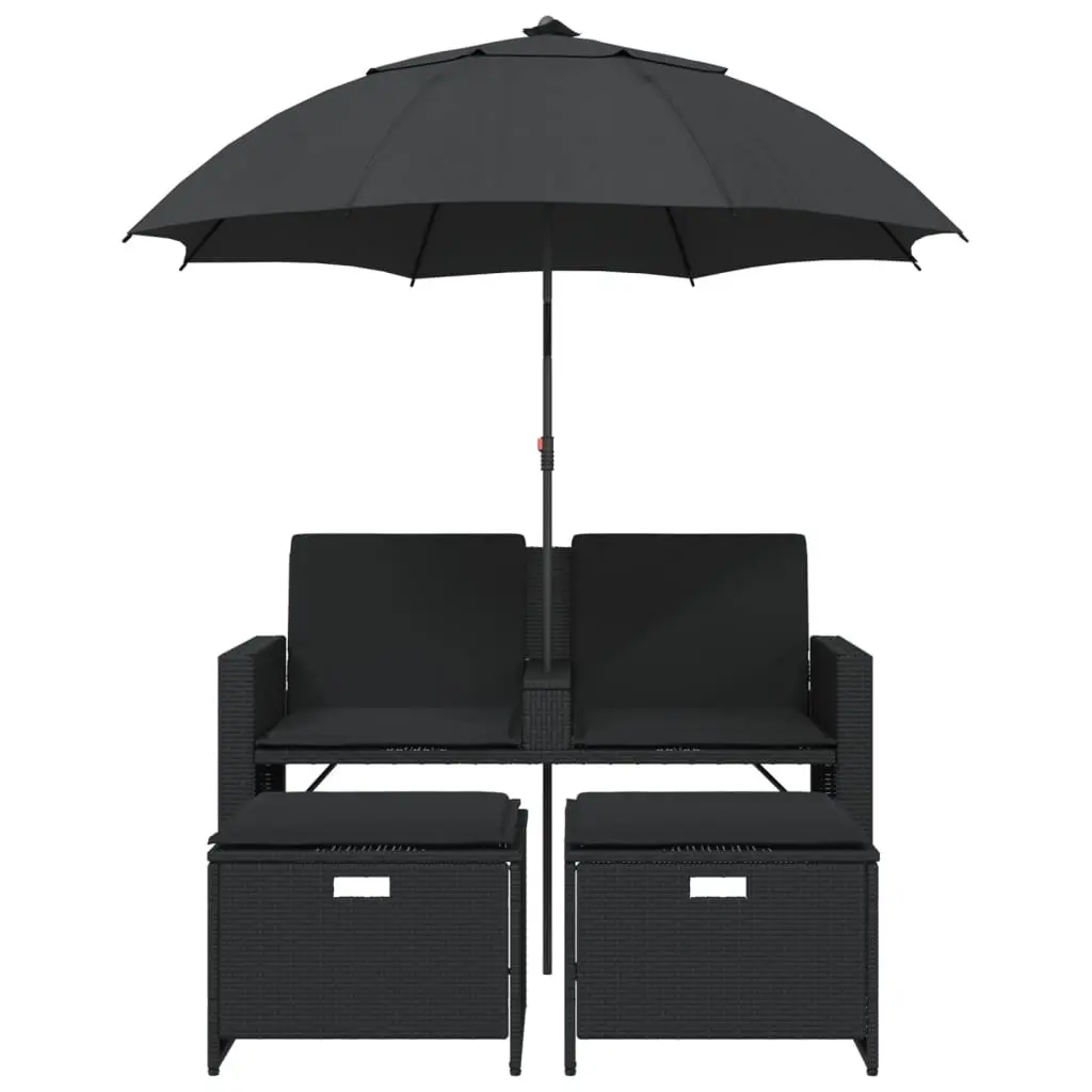 Garden Sofa 2-Seater with Parasol and Stools Black Poly Rattan Outdoor Patio Set