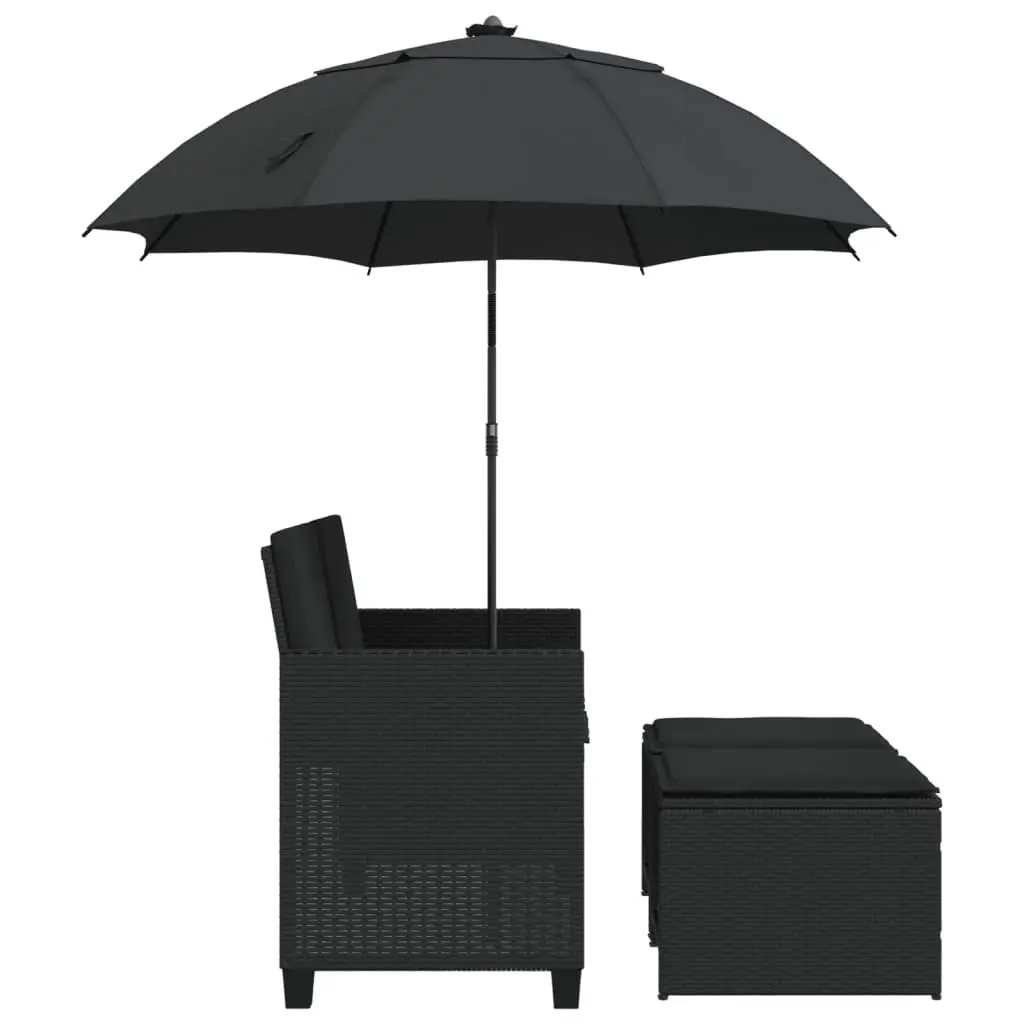 Garden Sofa 2-Seater with Parasol and Stools Black Poly Rattan Outdoor Patio Set