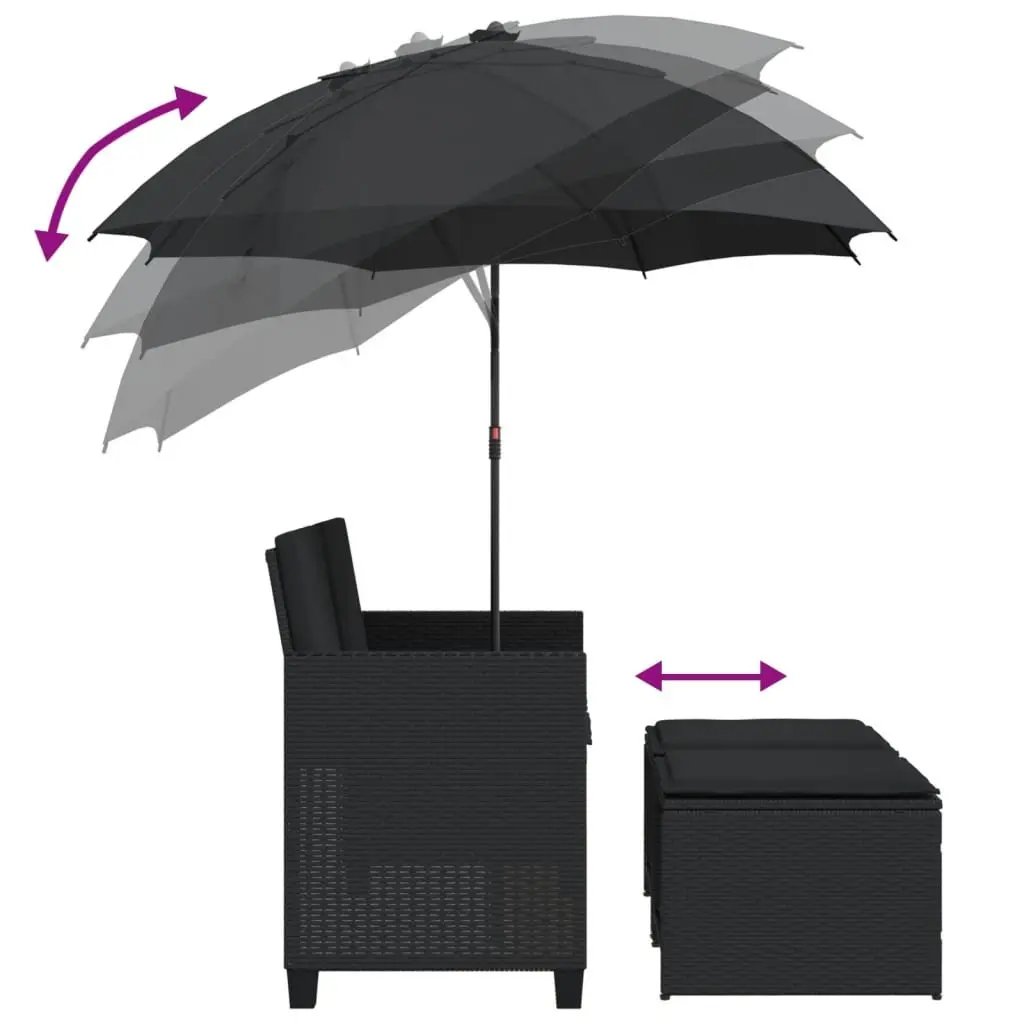 Garden Sofa 2-Seater with Parasol and Stools Black Poly Rattan Outdoor Patio Set