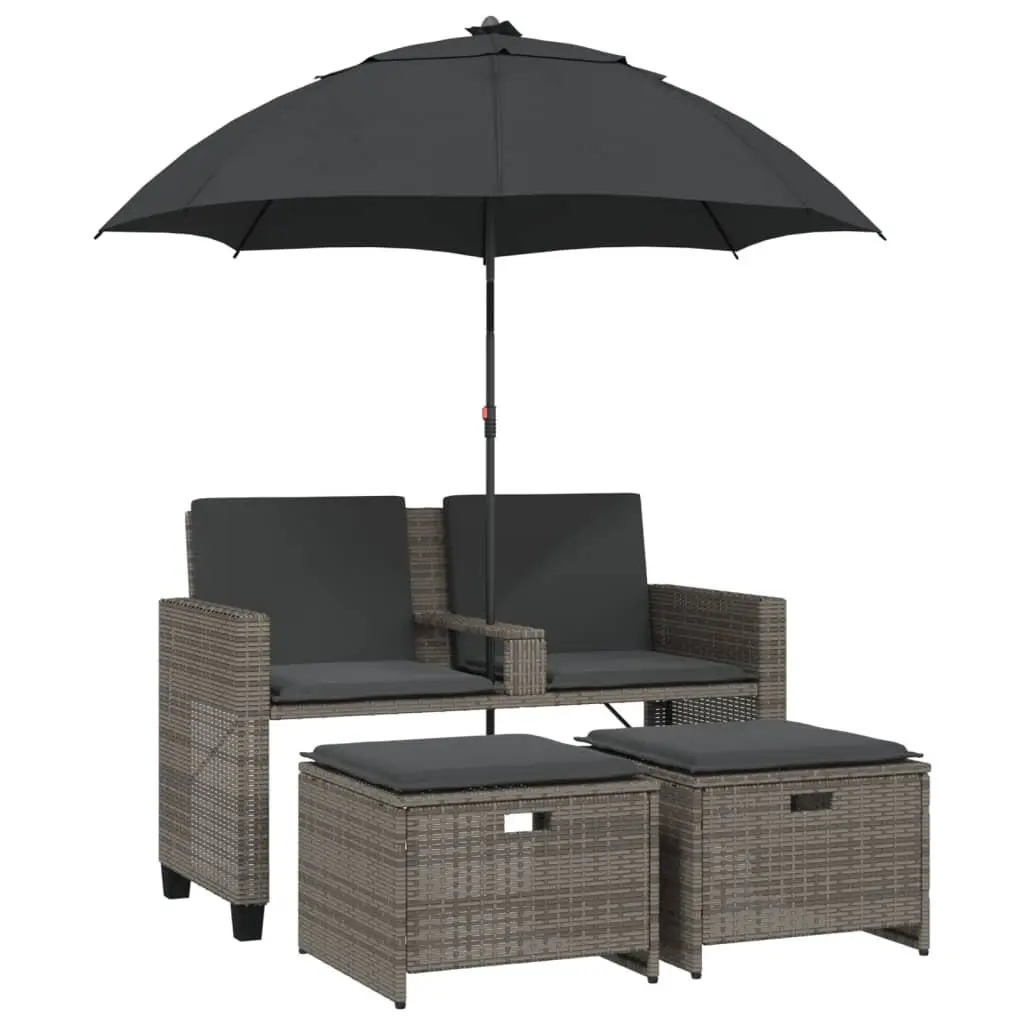 Garden Sofa 2-Seater Outdoor Patio Furniture with Parasol and Footstools Grey