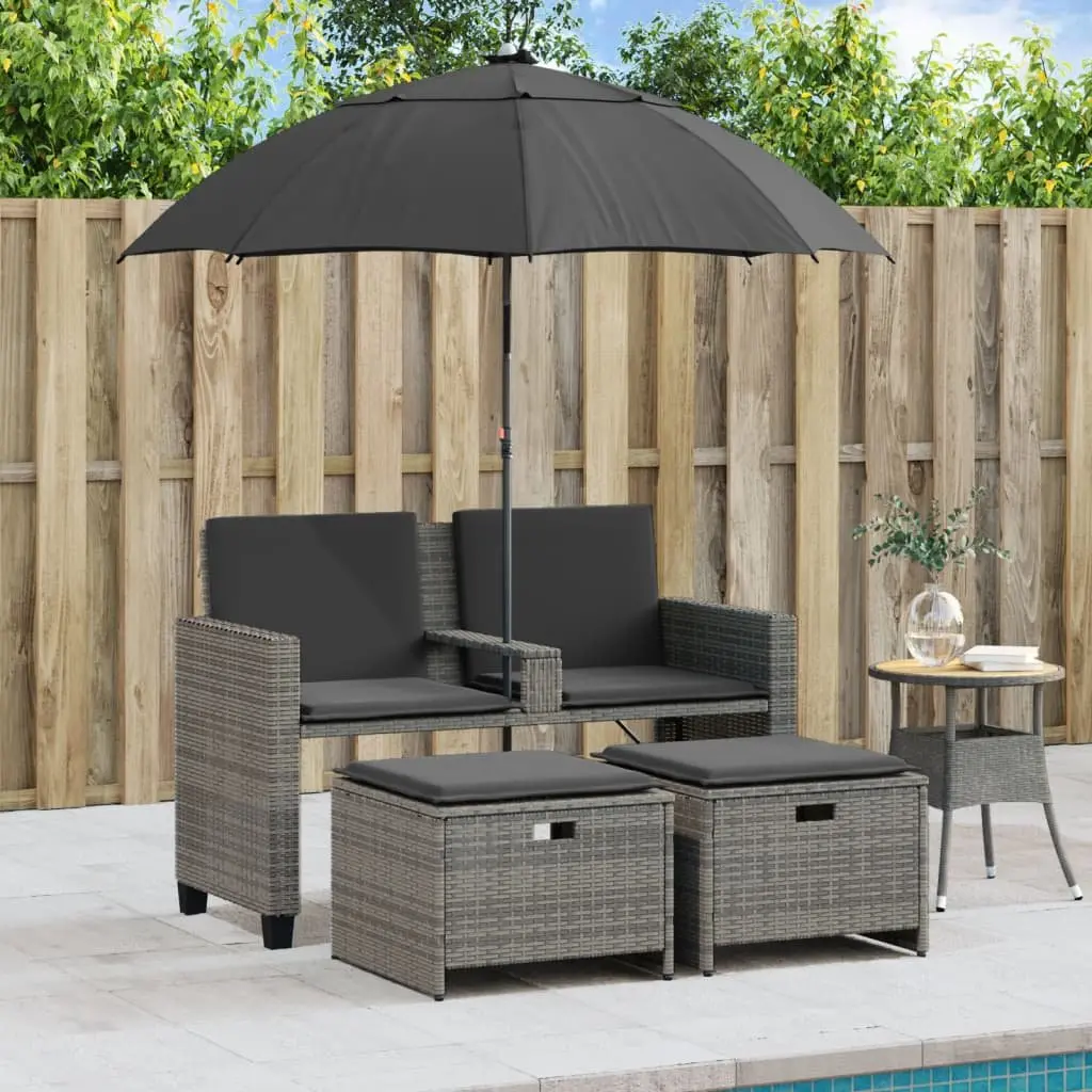 Garden Sofa 2-Seater Outdoor Patio Furniture with Parasol and Footstools Grey
