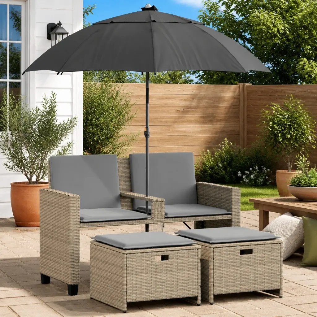 Garden Sofa 2-Seater Outdoor Patio Set with Parasol and Footstools Beige