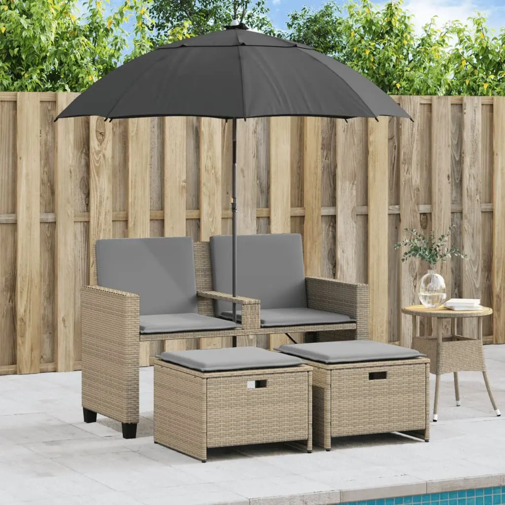 Garden Sofa 2-Seater Outdoor Patio Set with Parasol and Footstools Beige