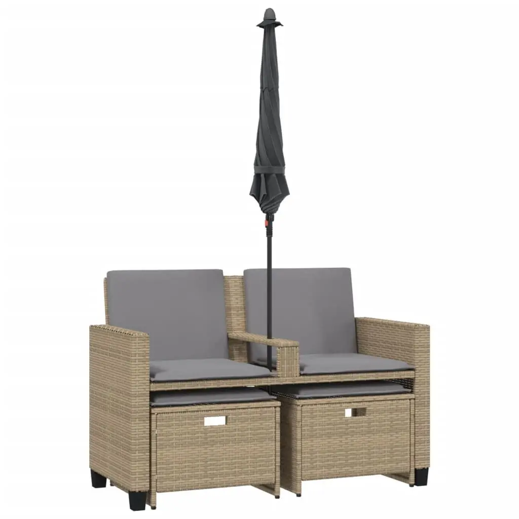 Garden Sofa 2-Seater Outdoor Patio Set with Parasol and Footstools Beige