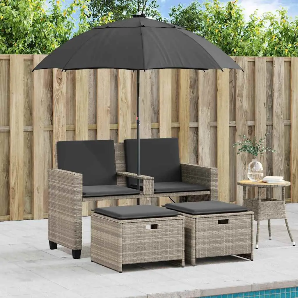 Garden Sofa 2-Seater Outdoor Set with Parasol and Stools Light Grey Poly Rattan