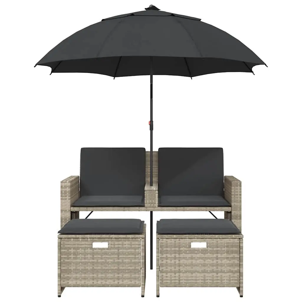 Garden Sofa 2-Seater Outdoor Set with Parasol and Stools Light Grey Poly Rattan