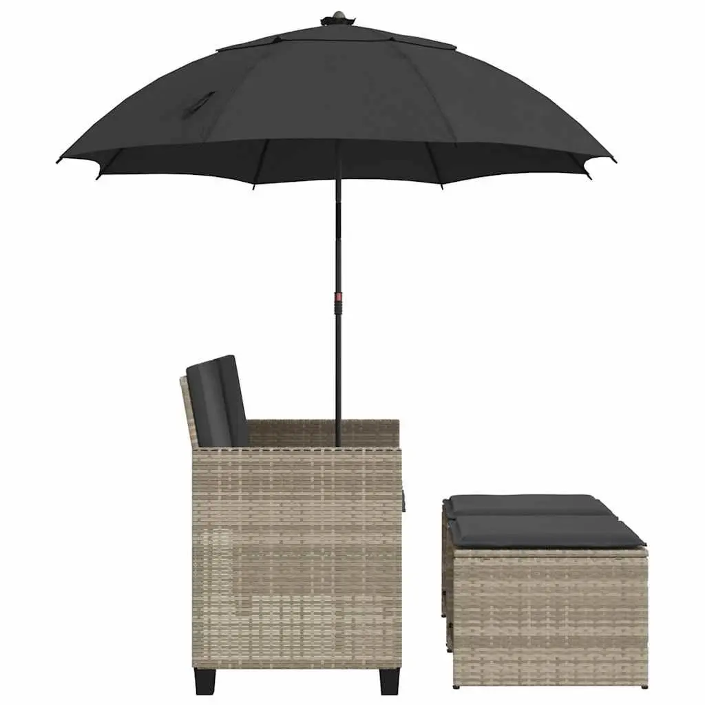 Garden Sofa 2-Seater Outdoor Set with Parasol and Stools Light Grey Poly Rattan