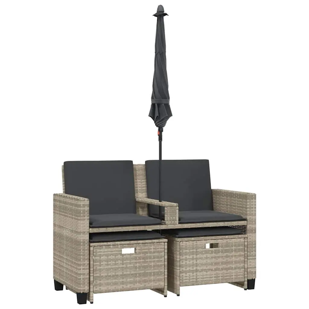 Garden Sofa 2-Seater Outdoor Set with Parasol and Stools Light Grey Poly Rattan