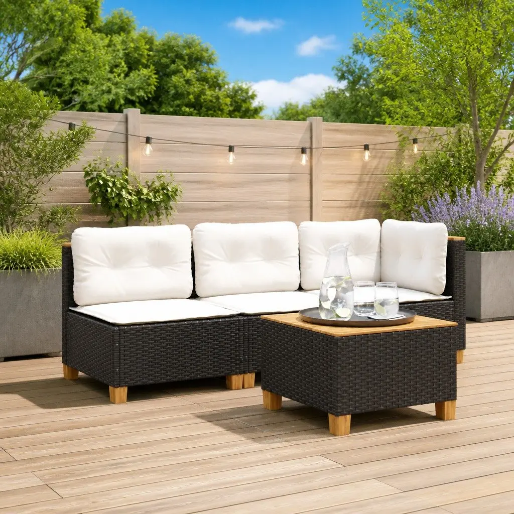 Garden Corner Sofa Black Poly Rattan Outdoor Lounge Seating with Cushions