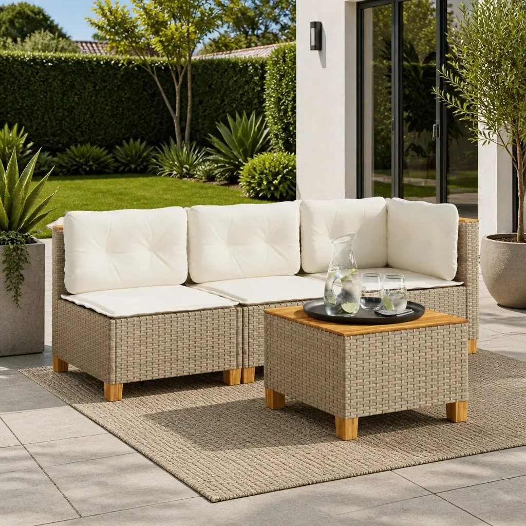 Outdoor Sofa Armless Garden Lounge Seating Thick Cushions Beige Poly Rattan