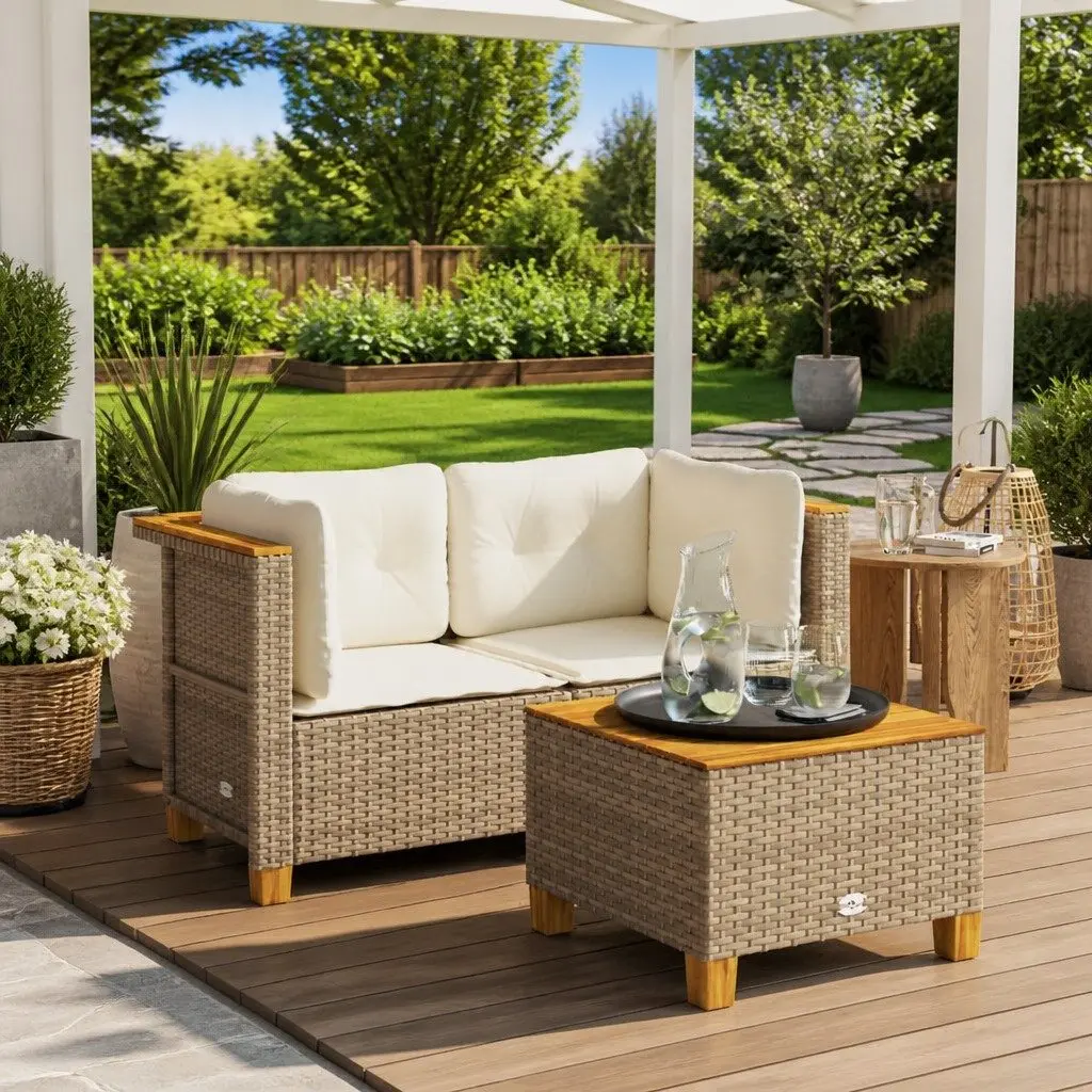 Outdoor Garden Sofa Corner Set 2 Piece Beige Poly Rattan Lounge