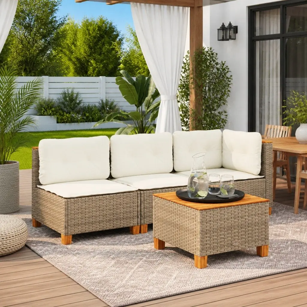 3-Seater Garden Sofa Outdoor Lounge Furniture PE Rattan Beige with Cushions