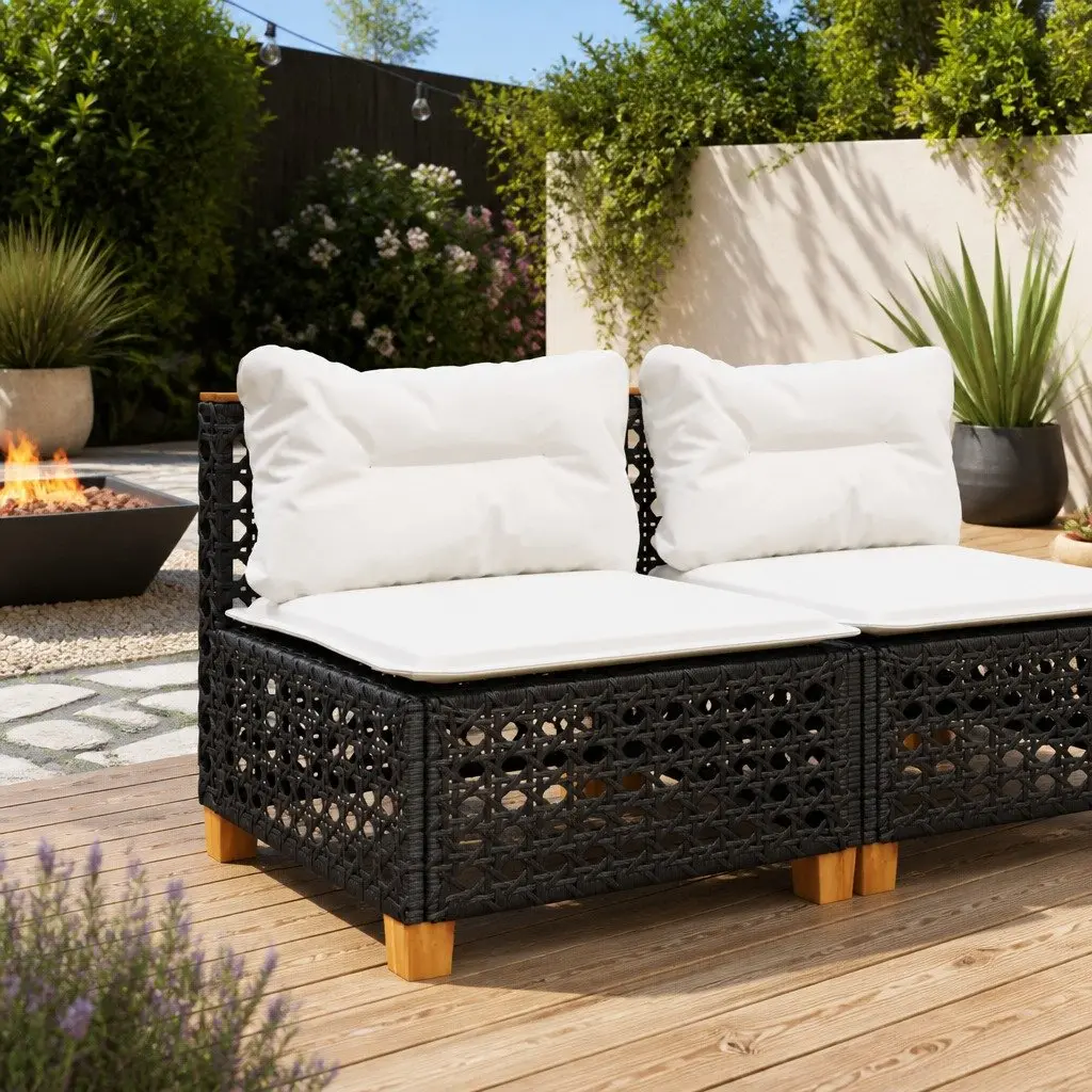 Armless Garden Sofa Outdoor Furniture Modular Black PE Rattan with Cushions