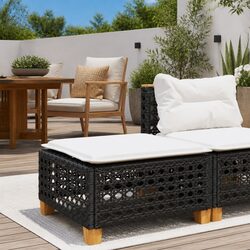 Garden Stool with Cushion Black Outdoor Foot Rest Poly Rattan Lounge Furniture