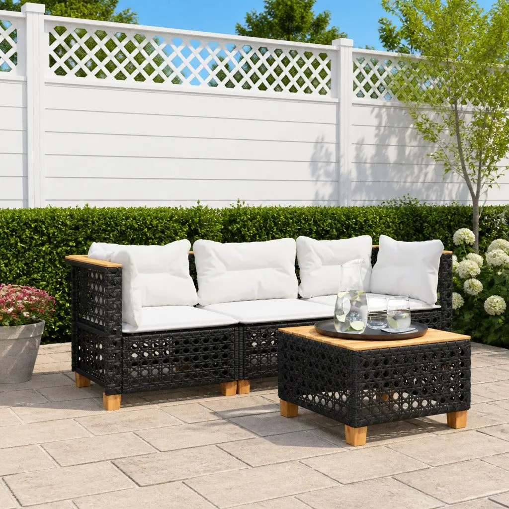3-Seater Outdoor Garden Sofa Black Poly Rattan Lounge with Cushions Modular