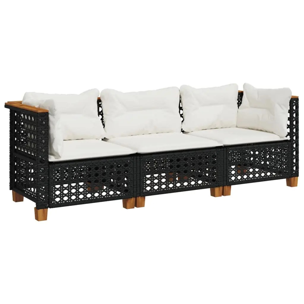 3-Seater Outdoor Garden Sofa Black Poly Rattan Lounge with Cushions Modular