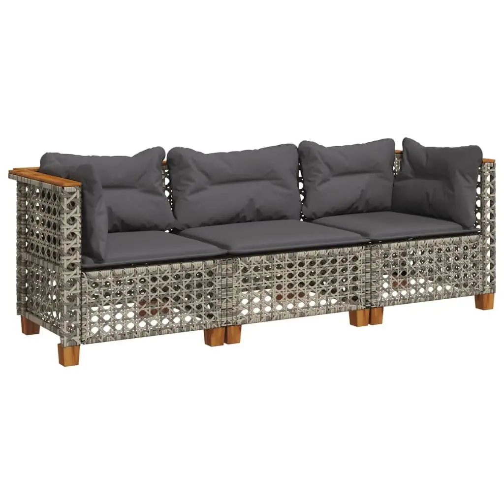 3-Seater Outdoor Garden Sofa Grey Poly Rattan Cushions