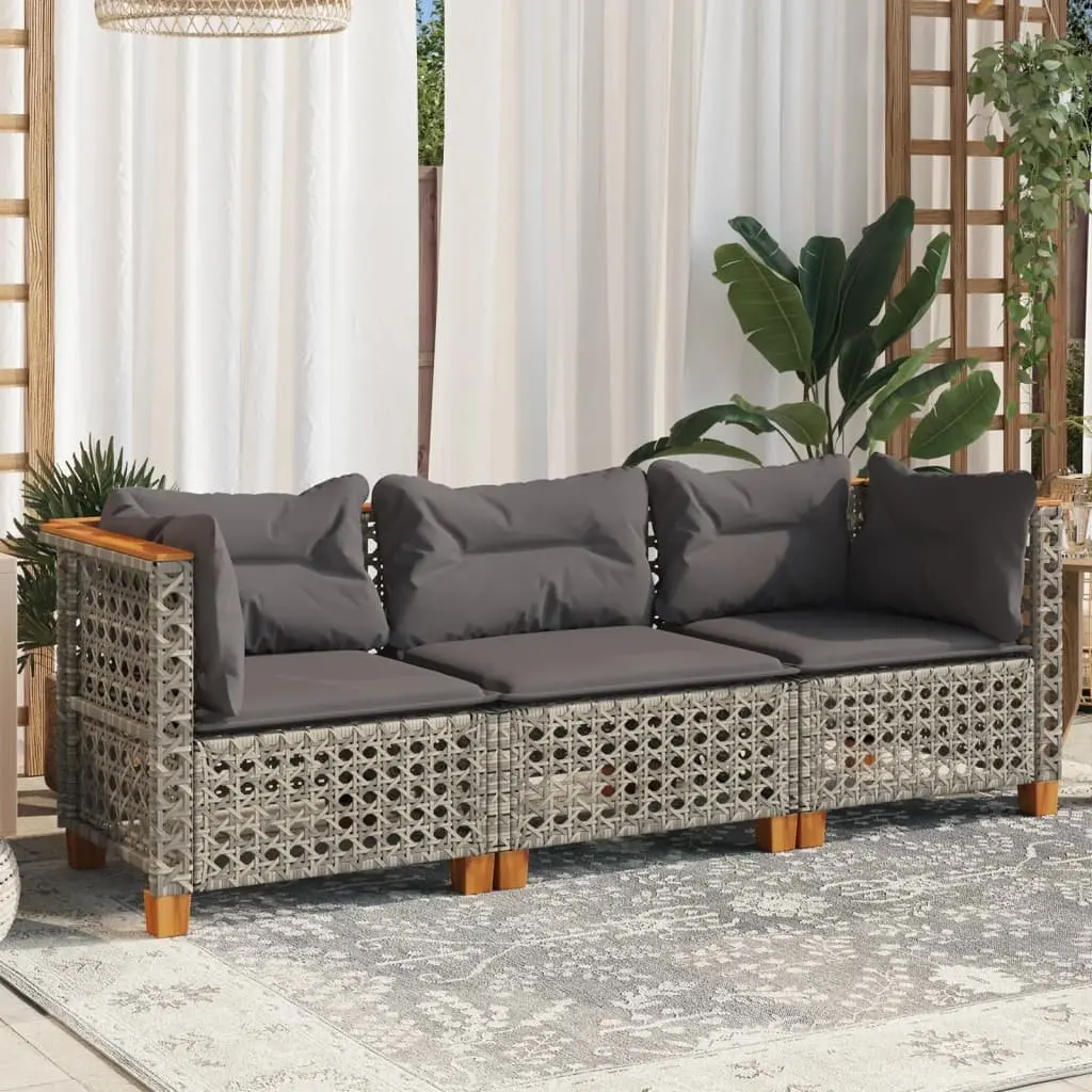 3-Seater Outdoor Garden Sofa Grey Poly Rattan Cushions