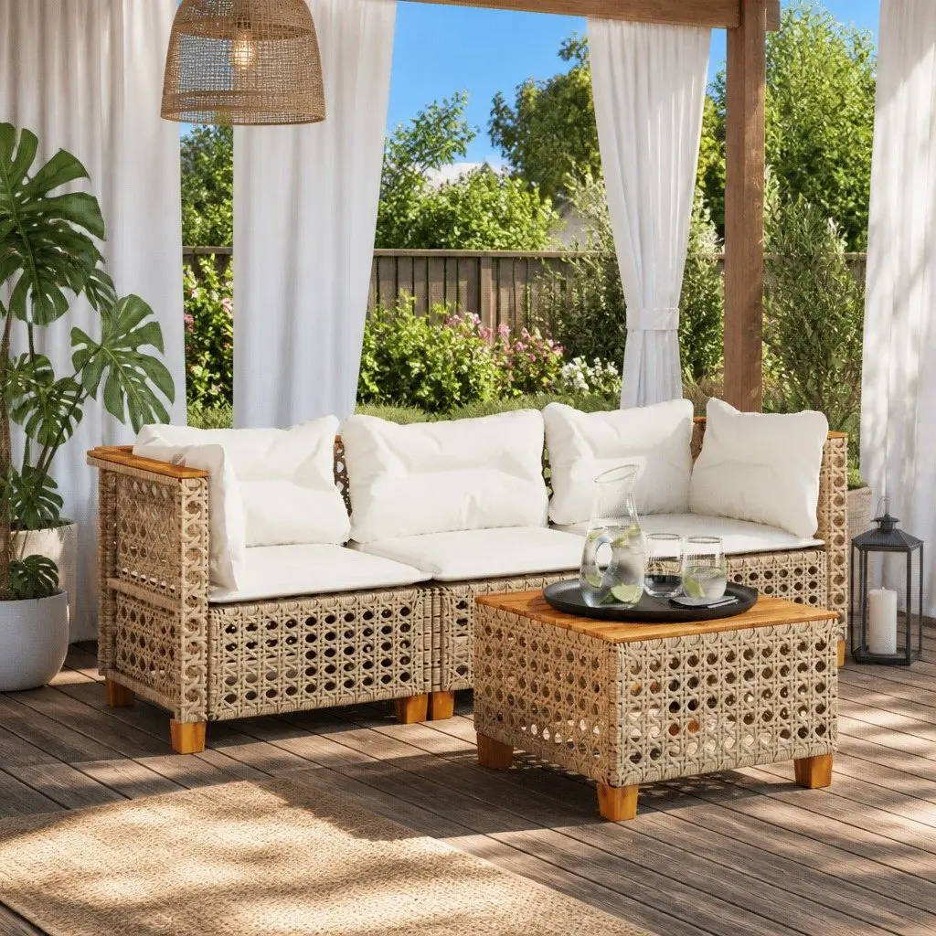 3-Seater Outdoor Garden Sofa Beige Poly Rattan Lounge Seating with Cushions