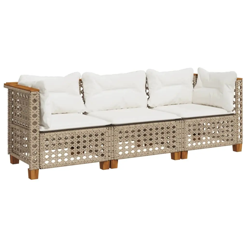 3-Seater Outdoor Garden Sofa Beige Poly Rattan Lounge Seating with Cushions