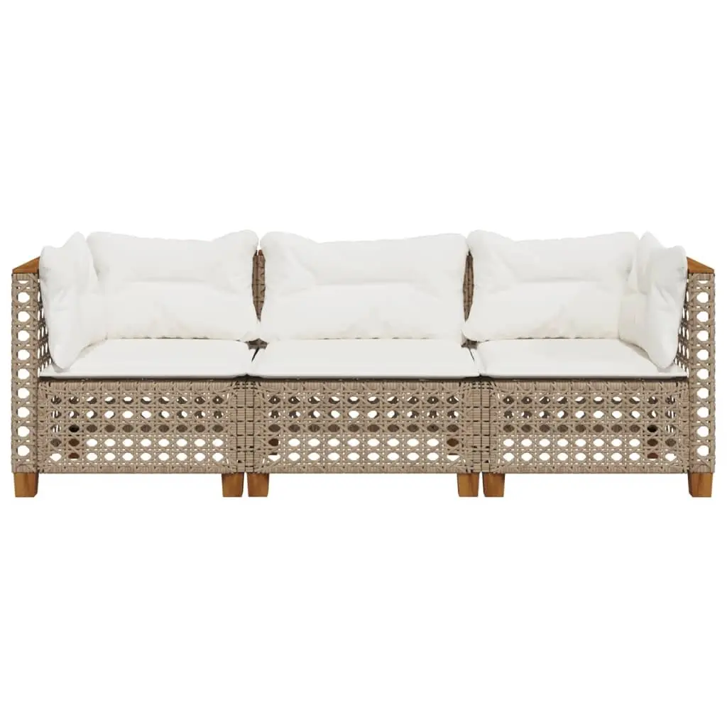 3-Seater Outdoor Garden Sofa Beige Poly Rattan Lounge Seating with Cushions