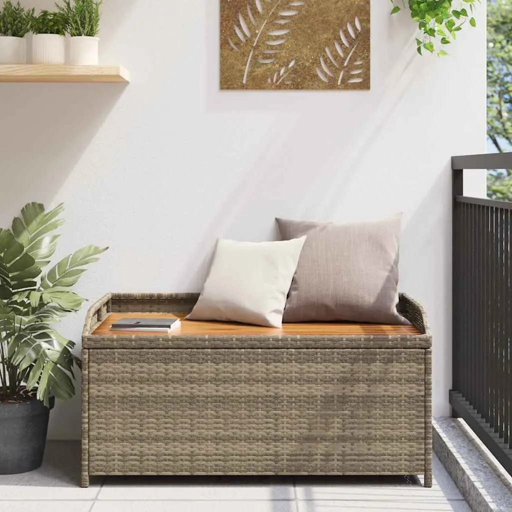 Outdoor Storage Bench Grey Garden Seating with Poly Rattan Acacia Wood