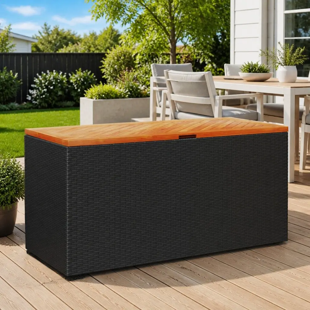 Garden Storage Box Bench Seat Outdoor Furniture 110 x 50 x 54 cm Black Poly Rattan Acacia Wood