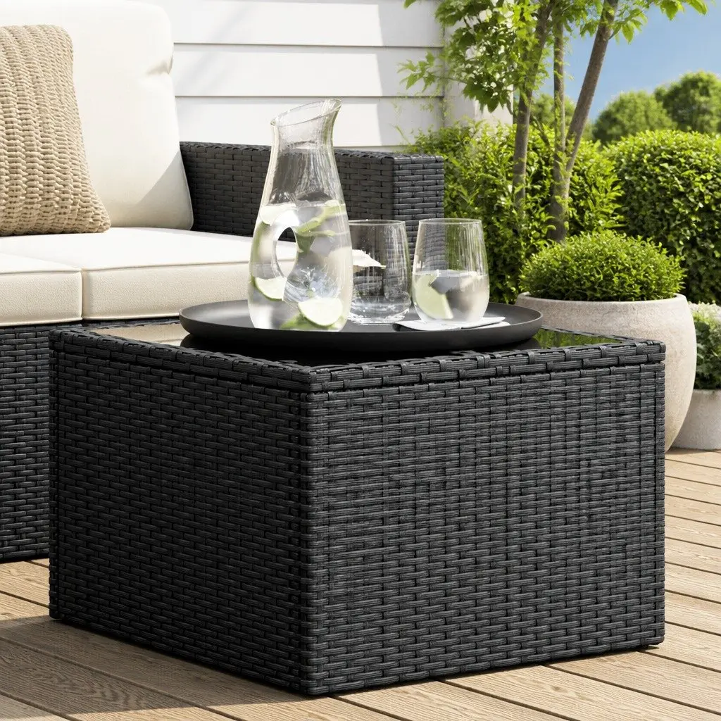 Garden Table Outdoor Use 55x55x37cm Black Poly Rattan Glass Top